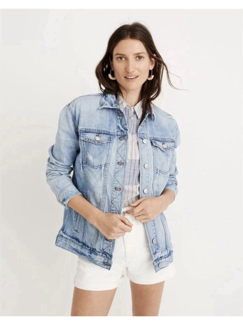 madewell oversized distressed blue long sleeve jean denim Button Down jacket Xs